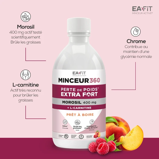 Flacon EAFIT Minceur 360 Perte de Poids Extra Fort 400 mg Morosil + L-carnitine prêt à boire, avec fruits pêche et framboise.