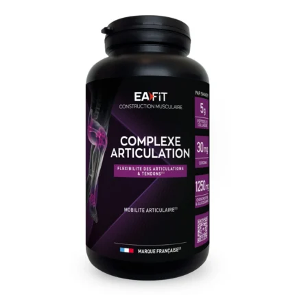 Flacon EAFIT Complexe Articulation avec mentions flexibilité des articulations et tendons, mobilité articulaire et doses de collagène, curcuma, chondroïtine.