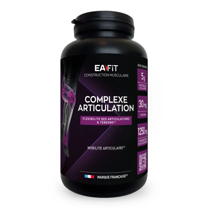 Flacon EAFIT Complexe Articulation avec mentions flexibilité des articulations et tendons, mobilité articulaire et doses de collagène, curcuma, chondroïtine.