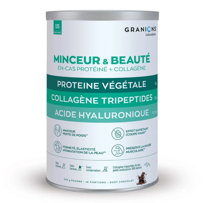 Boîte Granions Minceur & Beauté protéine végétale, collagène tripeptides et acide hyaluronique goût chocolat.