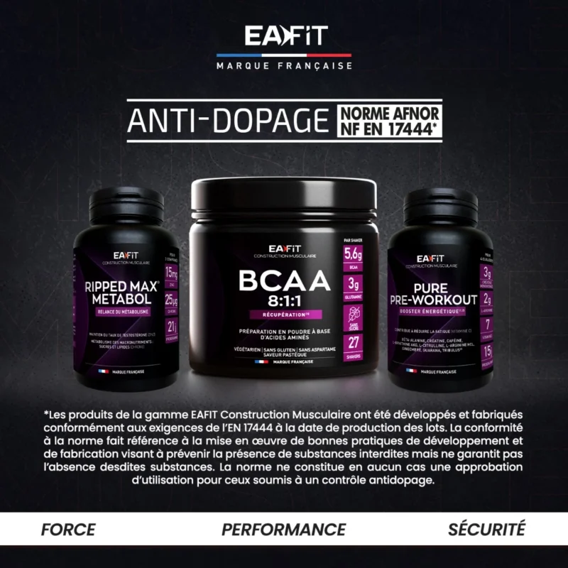 Trois compléments EAFIT BCAA 8:1:1, Ripped Max Metabol et Pure Pre-Workout avec mention anti-dopage et norme AFNOR NF EN 17444.